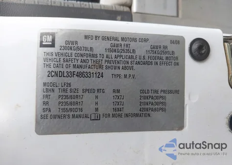 2008 Chevrolet Equinox Lt из США, поврежденный, VIN 2CNDL33F486331124